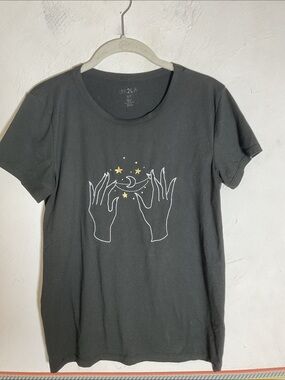 UK2LA Black Celestial Moon & Stars Embroidered Graphic Tee Size S/P Witchy